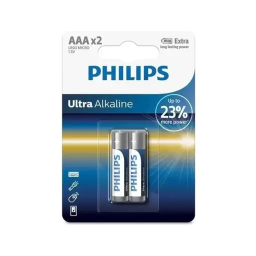 [2060468] PHILIPS Ultra Alkaline Battery AAA (LR03E2B/97) – Pack of 2 – Top Performance, Ease of Use, Environmentally Responsible